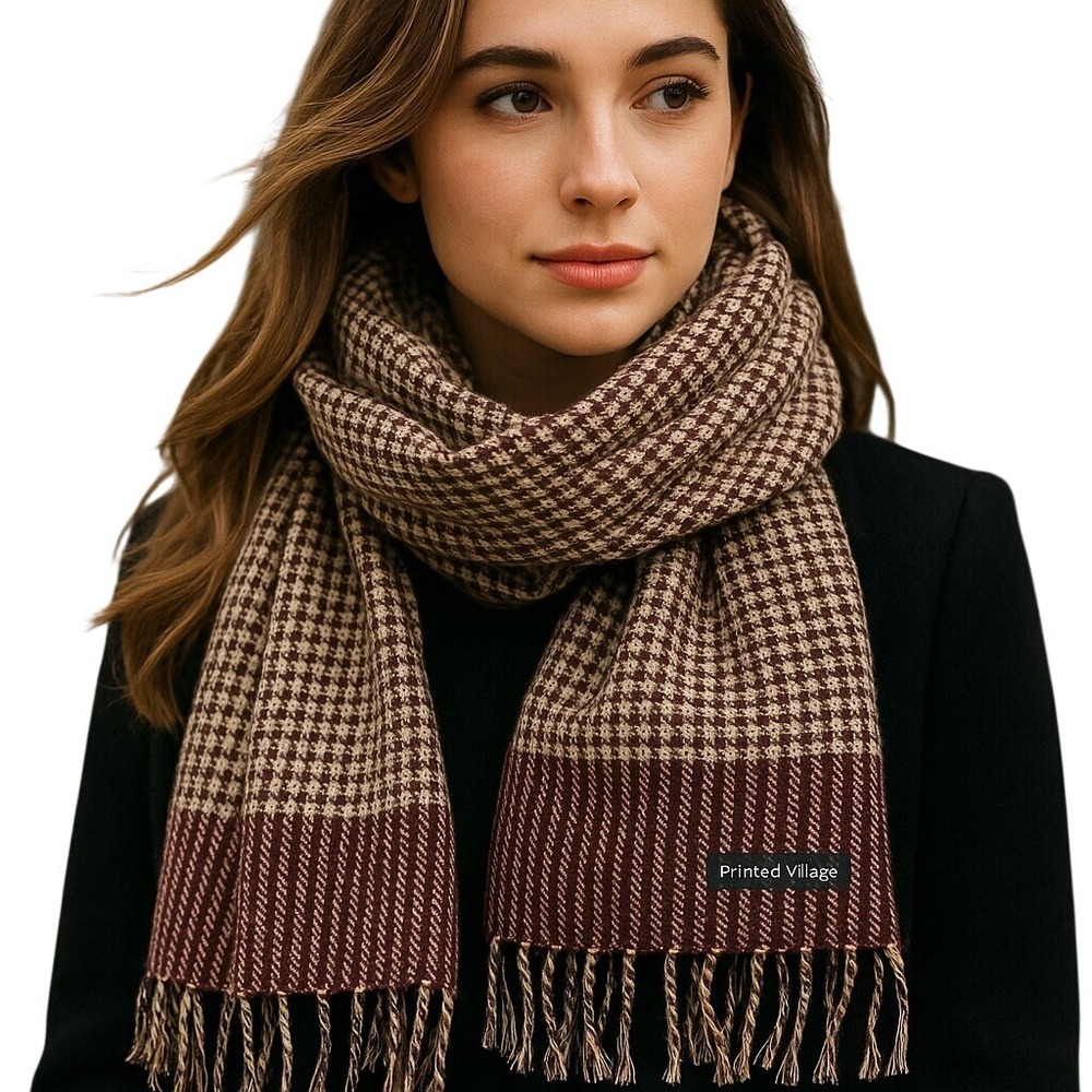 Printed Village Brown‎ Houndstooth Scarf with Fringe Trim Classic Accessory Nwot